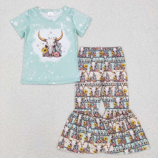 GSPO1090 Blue Highland Cow Girls Short Sleeve Bell Bottom Pants Outfits