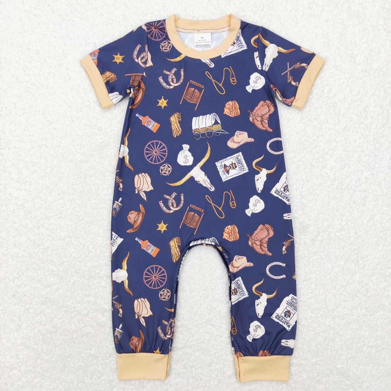 promotion RTS SR0187 Yellow Blue Cowboy Western Highland Cow Boys Short Sleeve Romper