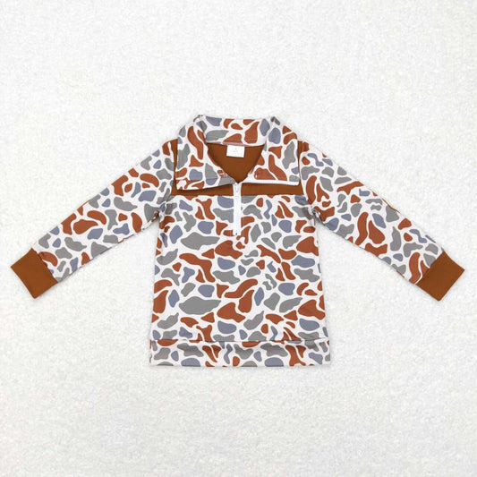 BT0468 Brown Leopard camo Winter Boys Long Sleeve Top Collar T-Shirts
