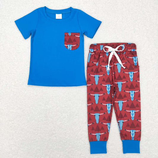 BSPO0188 Blue Highland Cow Boys Short Sleeve Pants Outfits