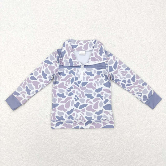 BT0467 Blue leopard Camo Boys Long Sleeve Top Collar Polo Pullover T-Shirts
