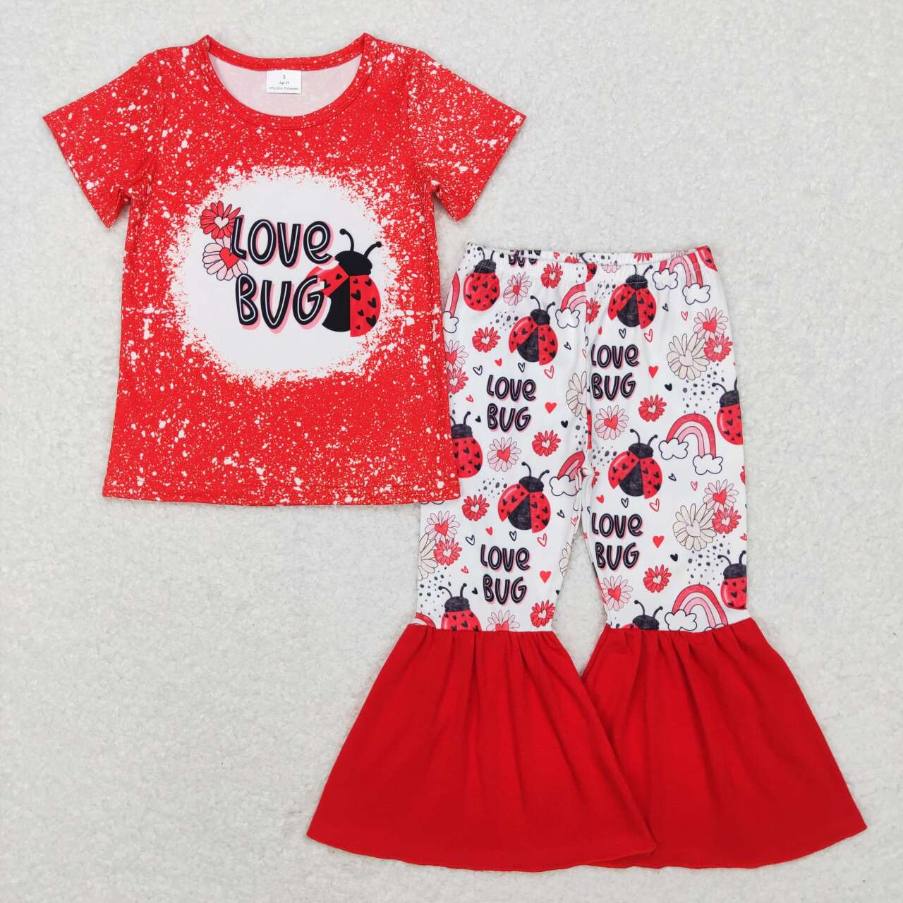 GSPO1102 Valentine Love Red Bug Cartoon Girls Short Sleeve Bell Bottom Pants Outfits