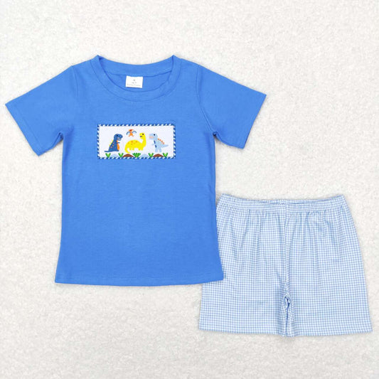 BSSO0293 Blue Dinosaur Embroidery Boys Short Sleeve Shorts Outfits