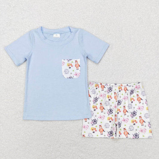 BSSO0352 Blue Pig chicken Farm Pocket Boys Short Sleeve Shorts Outfits