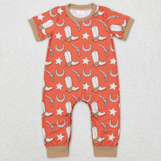 SR0570 Orange Boots Cowboy Girls Short Sleeve Romper