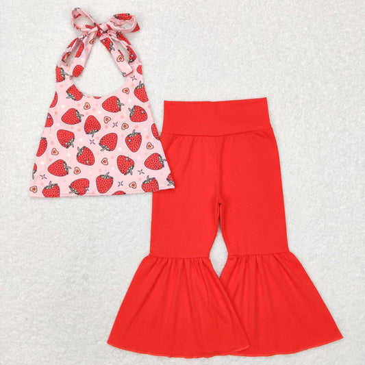 GSPO1077 Pink Red Strawberry Girls Short Sleeve Bell Bottom Pants Outfits