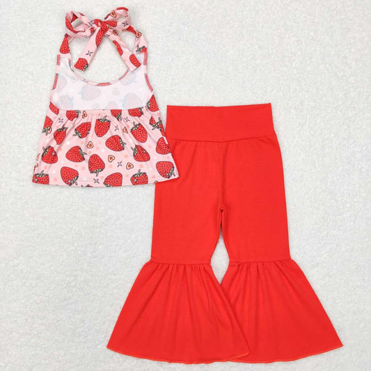 GSPO1077 Pink Red Strawberry Girls Short Sleeve Bell Bottom Pants Outfits