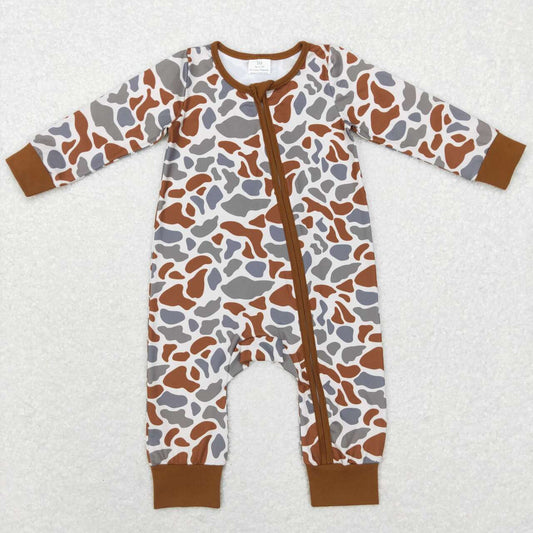 LR0818 Brown Leopard Camo Zipper Girls Long Sleeve Romper
