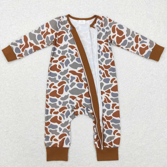 LR0818 Brown Leopard Camo Zipper Girls Long Sleeve Romper