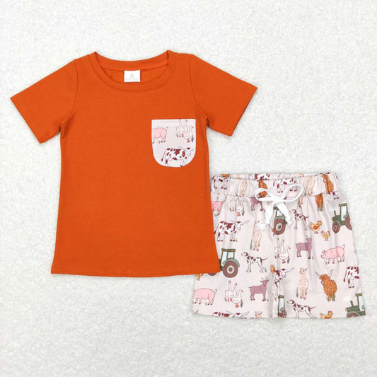 BSSO0339 Orange Farm Dog Pig Pocket Boys Short Sleeve Shorts Outfits