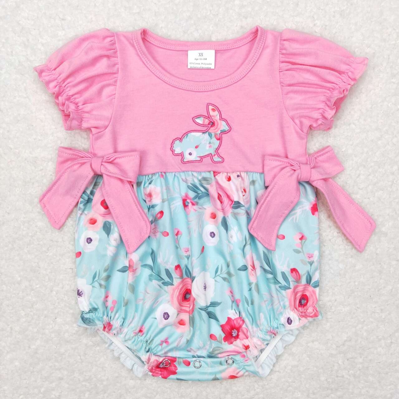 SR0573 Easter Pink blue Rabbit Camo Embroidery Girls Short Sleeve Romper