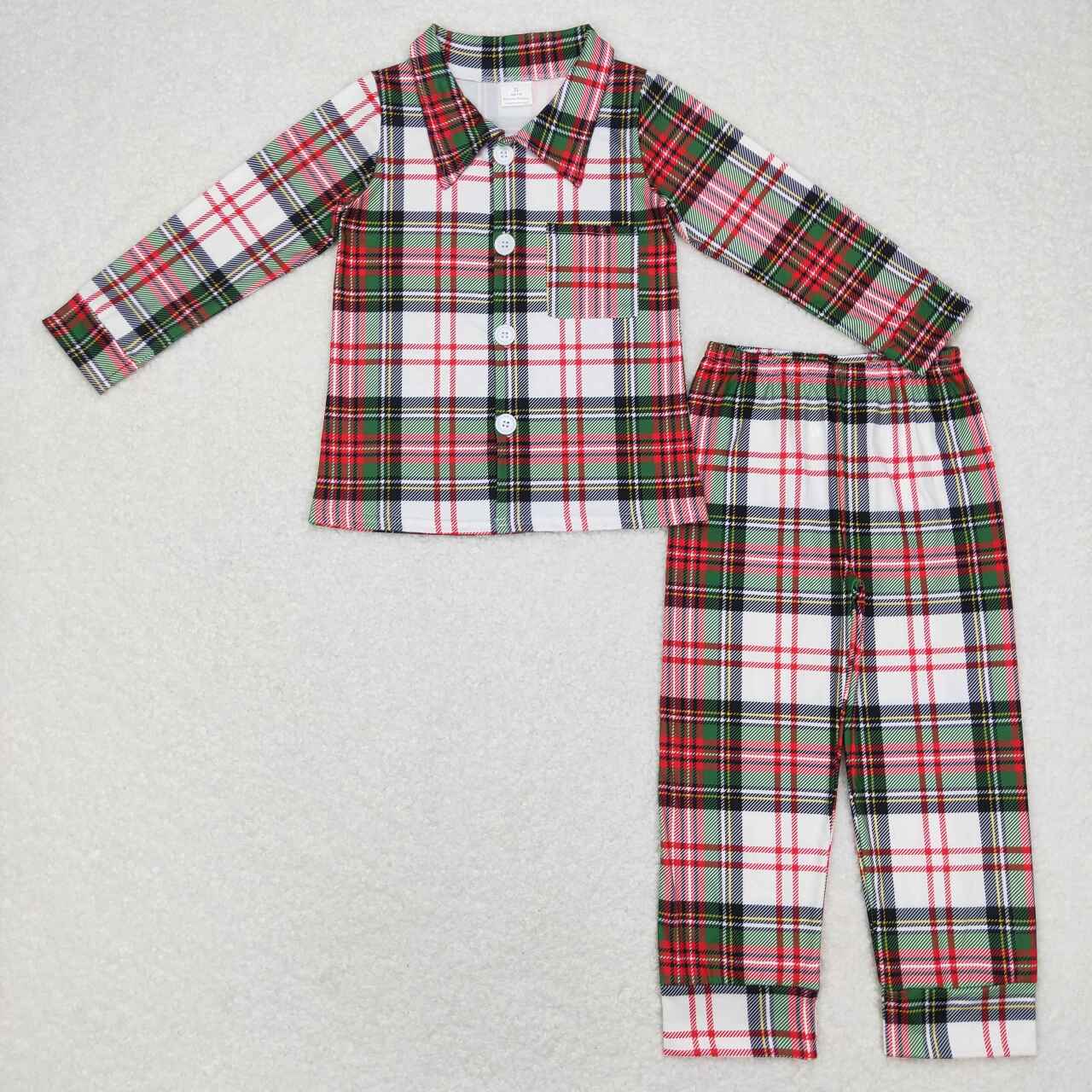 BLP0444 Christmas Red Green Plaid Boys Long Sleeve Pants Outfits Collar Pajamas