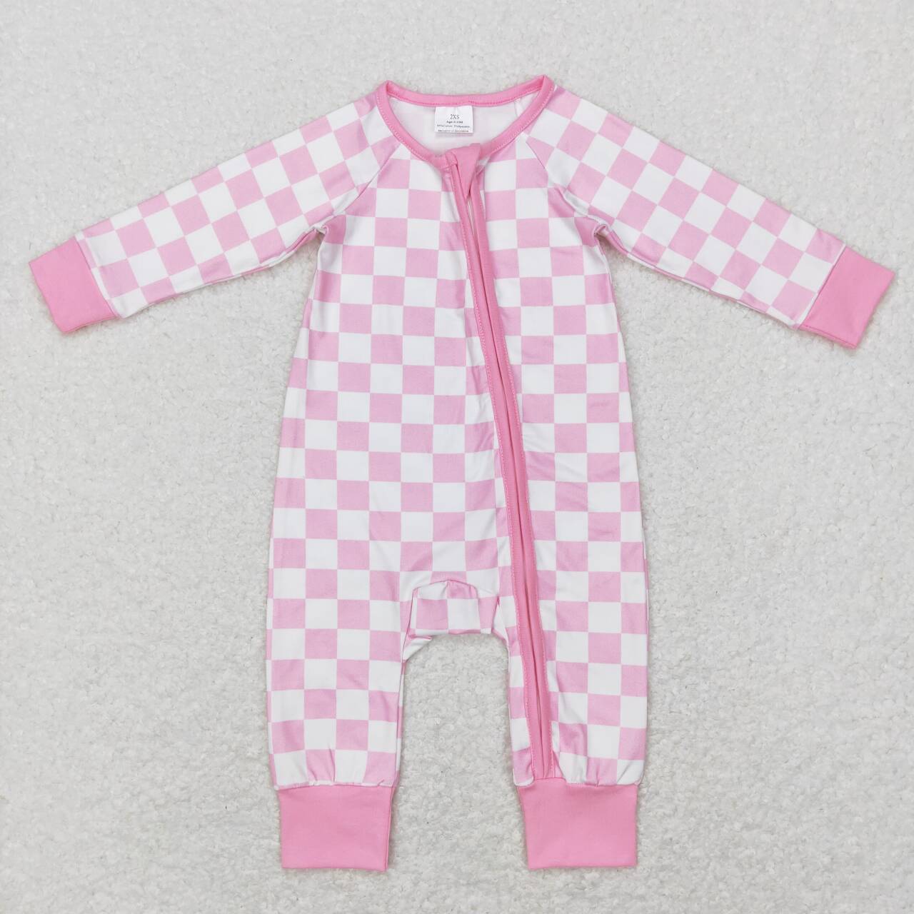 LR0810 Pink Plaid Zipper Girls Long Sleeve Romper