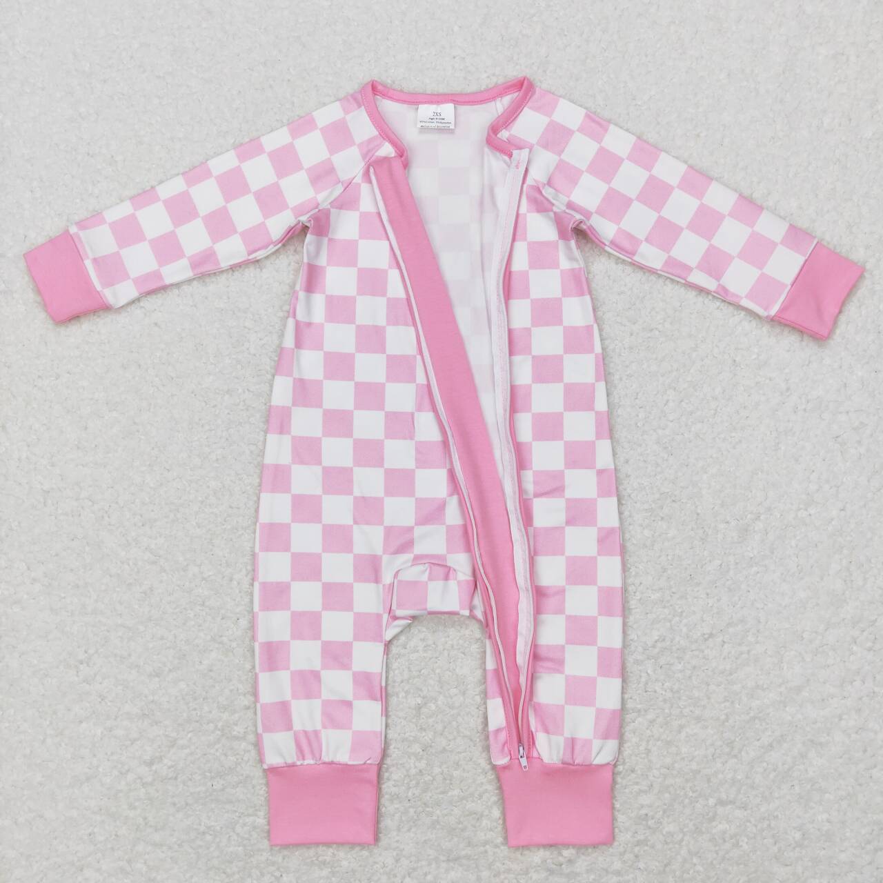 LR0810 Pink Plaid Zipper Girls Long Sleeve Romper