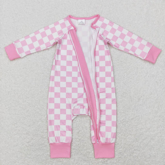 LR0810 Pink Plaid Zipper Girls Long Sleeve Romper
