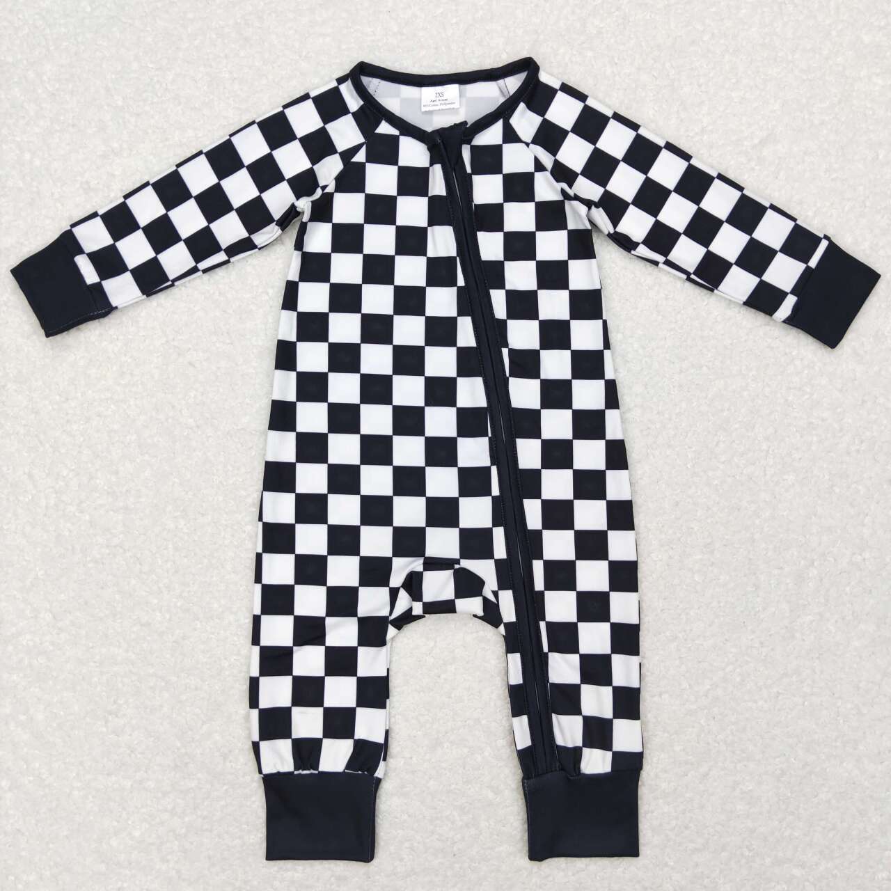 LR0812 Black Plaid Zipper Girls Long Sleeve Romper