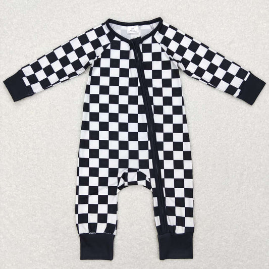 LR0812 Black Plaid Zipper Girls Long Sleeve Romper