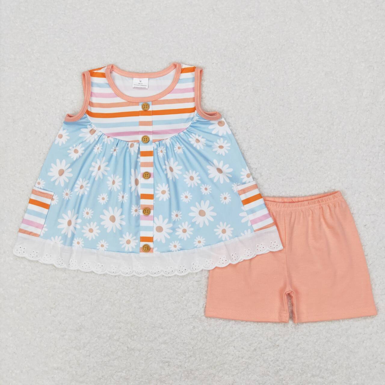 GSSO0403 Blue Pink Floral Pockets Girls Short Sleeve Shorts Outfits