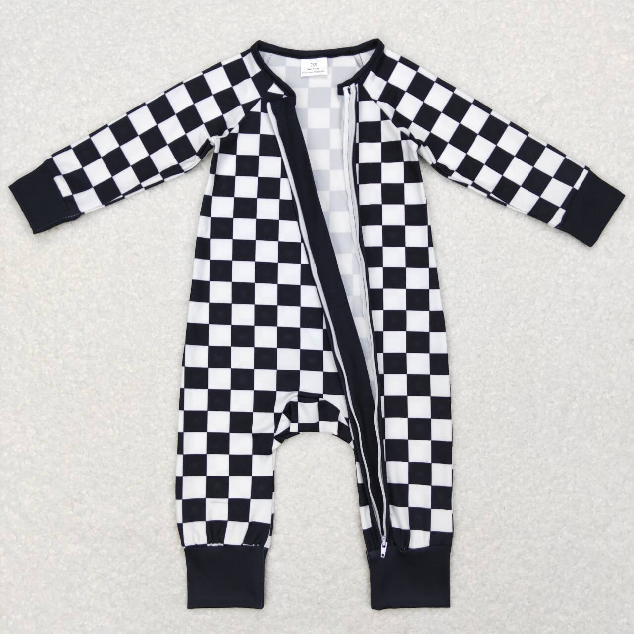 LR0812 Black Plaid Zipper Girls Long Sleeve Romper