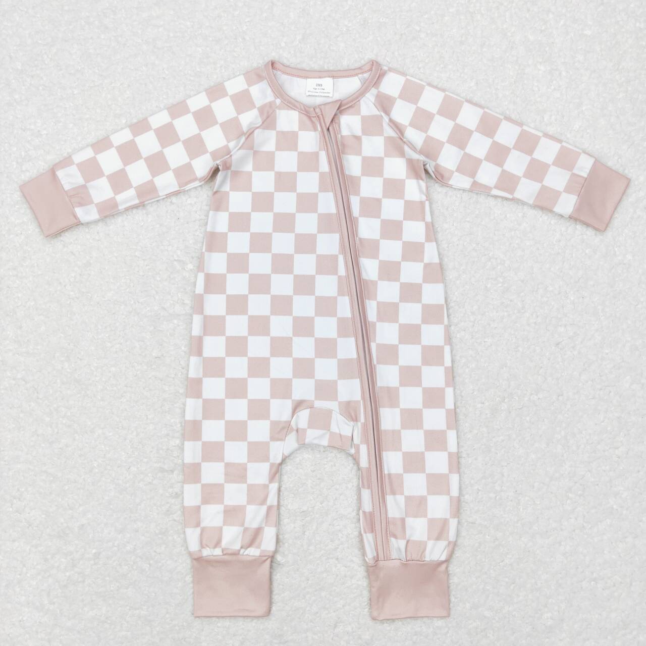 LR0809 Pink Plaid Zipper Girls Long Sleeve Romper