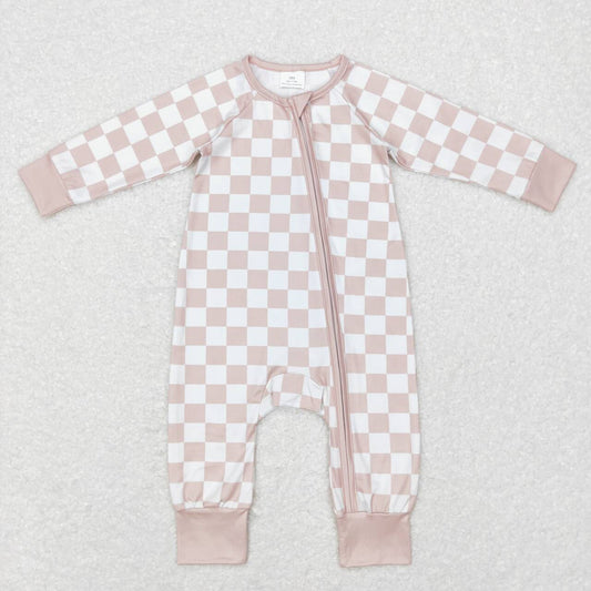 LR0809 Pink Plaid Zipper Girls Long Sleeve Romper