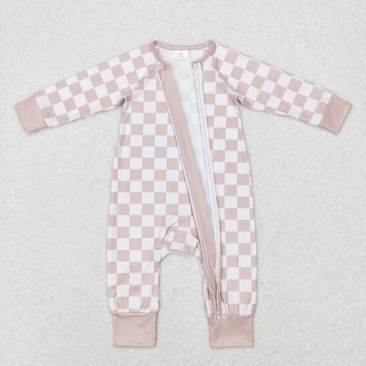 LR0809 Pink Plaid Zipper Girls Long Sleeve Romper
