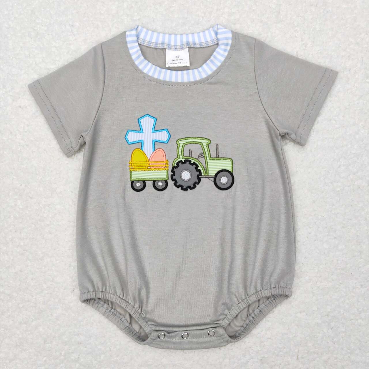 SR0490 Sibling Easter Rabbit Cross Embroidery Boys Short Sleeve Romper