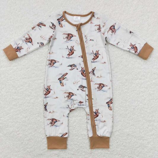 LR0816 Brown Duck Zipper Girls Long Sleeve Romper