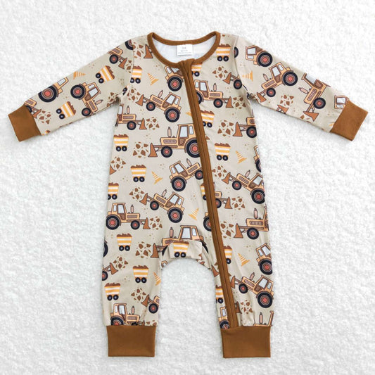 LR0506 Brown Truck Zipper Girls Long Sleeve Romper
