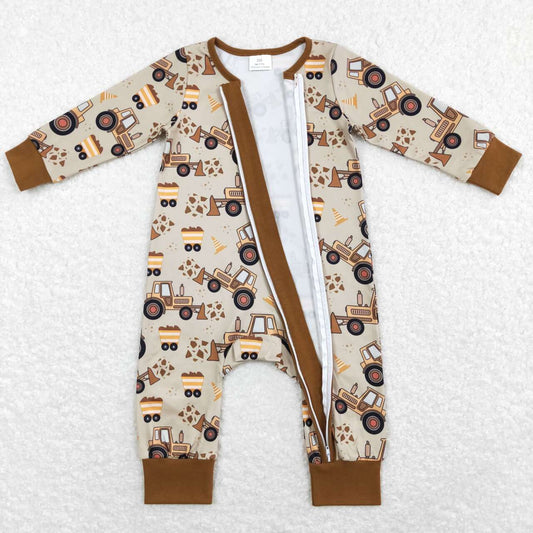 LR0506 Brown Truck Zipper Girls Long Sleeve Romper