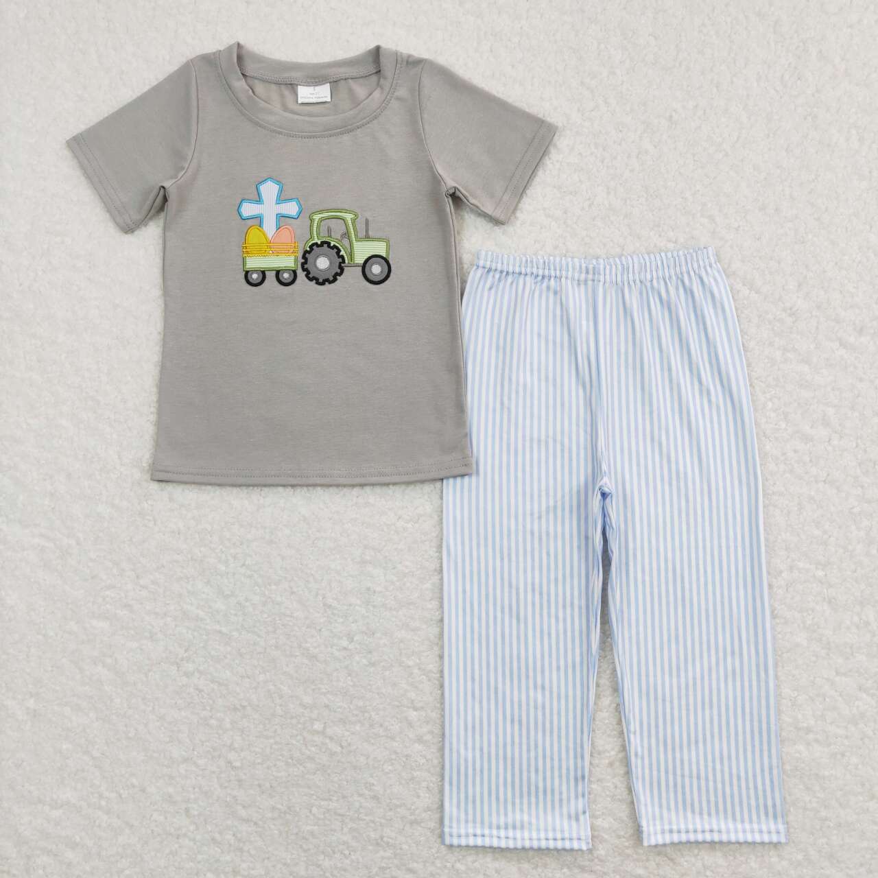 BSPO0194 Easter Grey Blue Carrot Embroidery Boys Short Sleeve Bell Bottom Pants Outfits