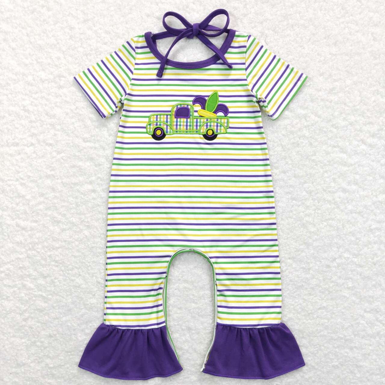 SR0518 Mardi Gras Purple Green Car Embroidery Girls Short Sleeve Romper