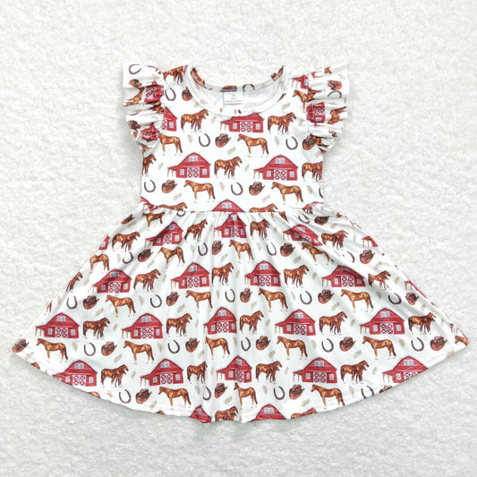 GSD0516 Red Farm Horses Girls Flutter Sleeve Dresses