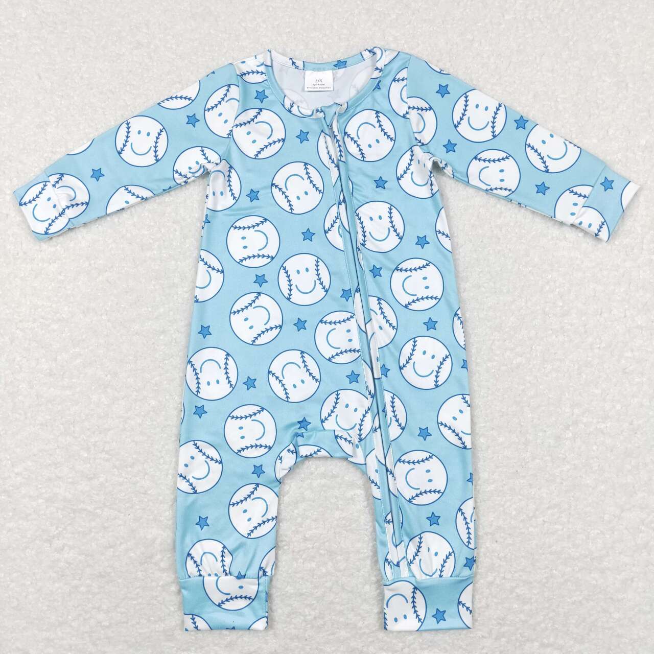 LR0824 Blue Softball Zipper Girls Long Sleeve Romper