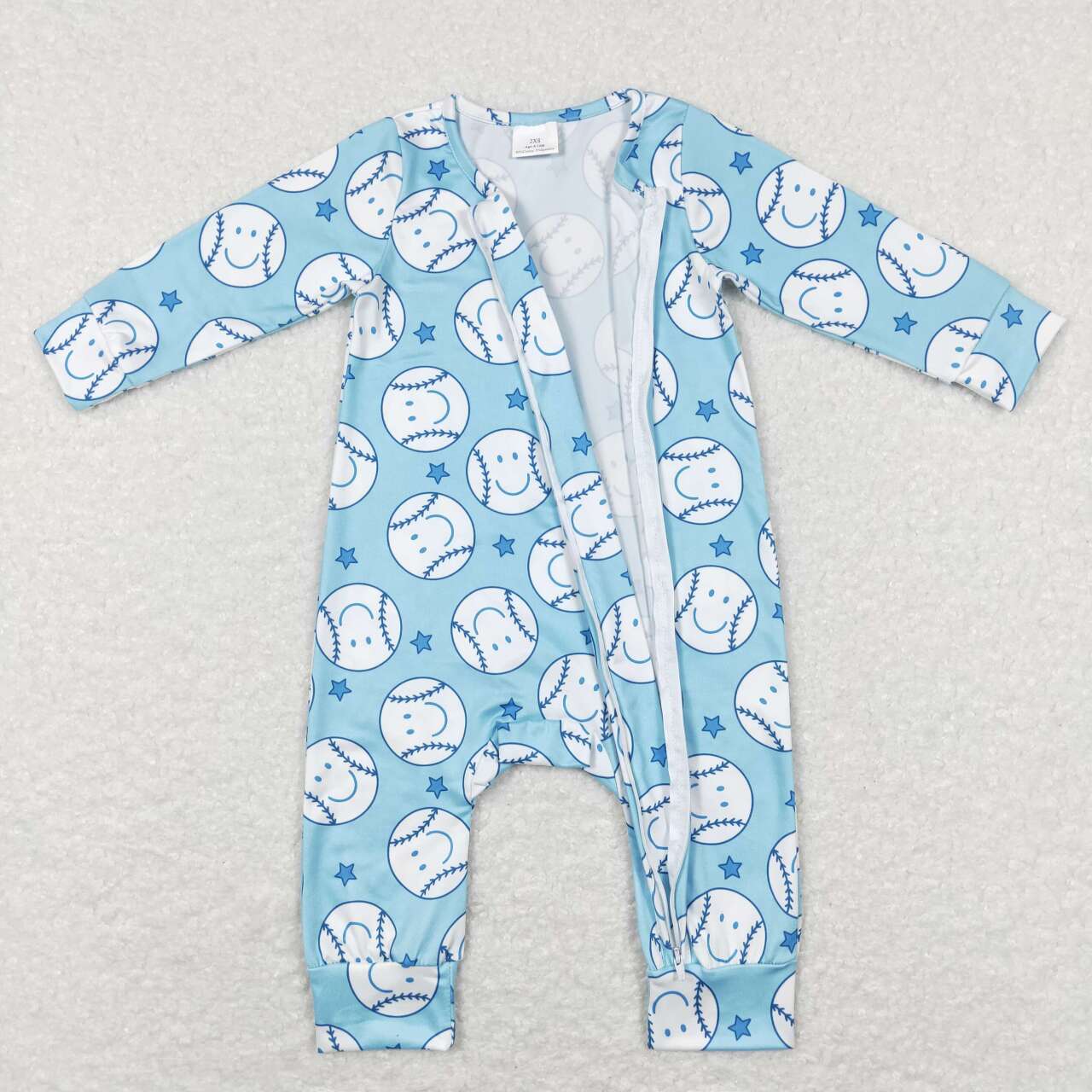 LR0824 Blue Softball Zipper Girls Long Sleeve Romper