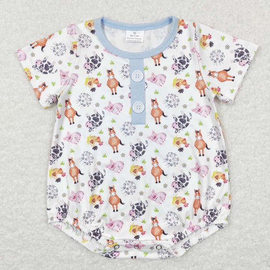 SR0607 blue farm pig Boys Short Sleeve Romper