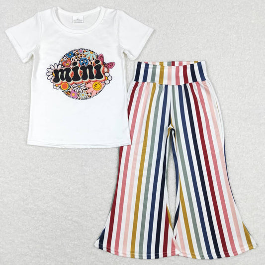 GSPO1114 Mini Stripes Girls Short Sleeve Bell Bottom Pants Outfits