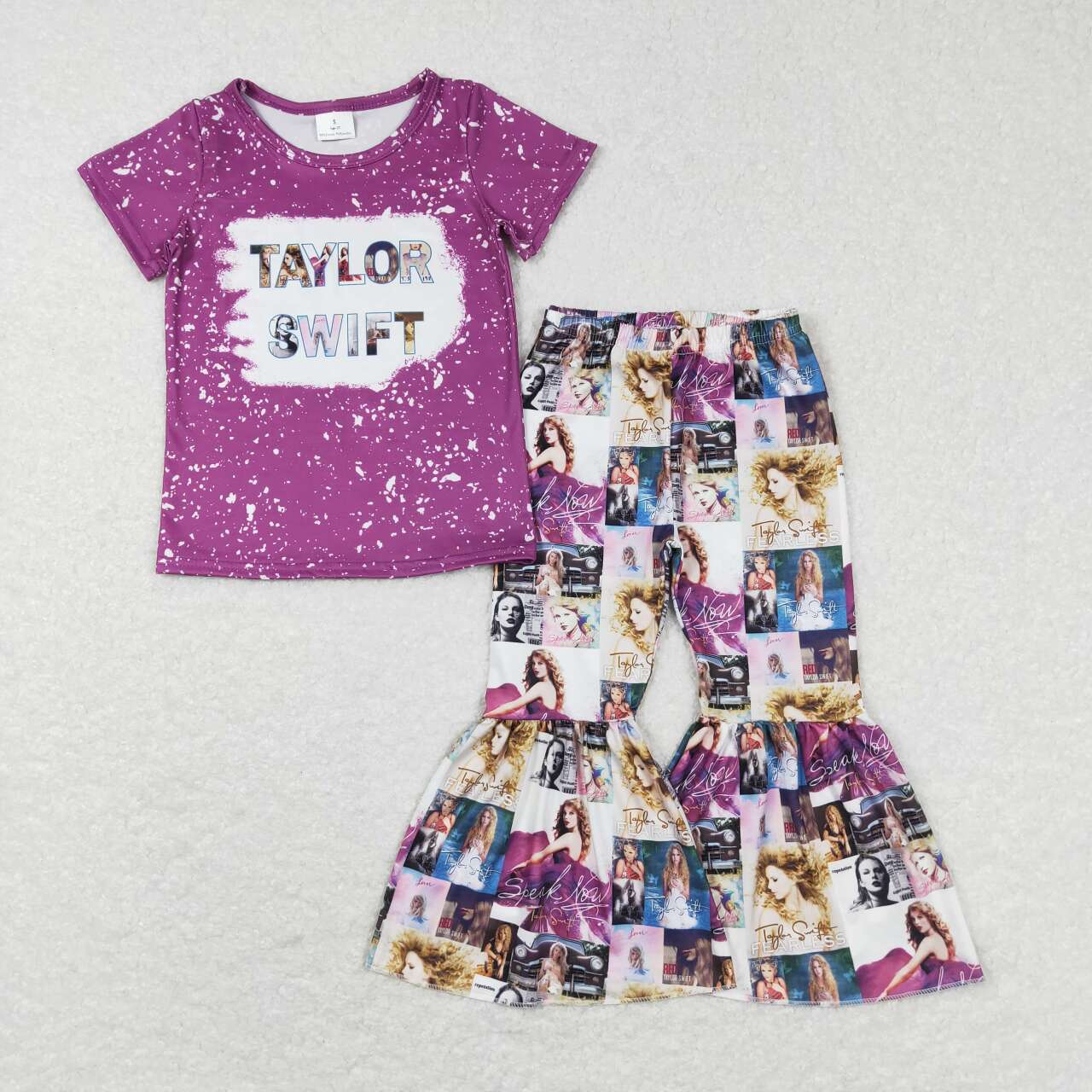 GSPO1140 Purple Taylor Singer Girls Short Sleeve Bell Bottom Pants Outfits