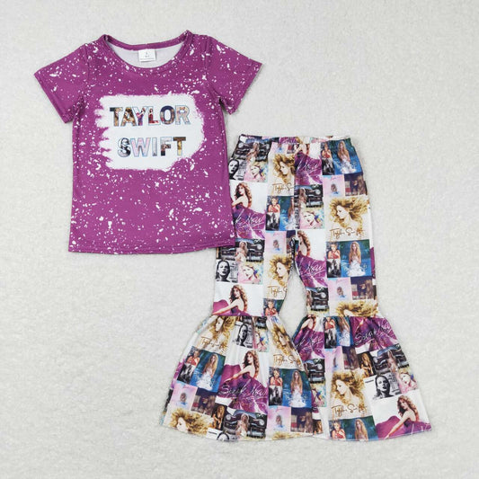 GSPO1140 Purple Taylor Singer Girls Short Sleeve Bell Bottom Pants Outfits