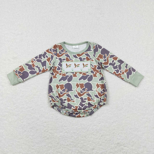 LR0286 Duck Bird Green Camo Leopard Embroidery Girls Long Sleeve Romper