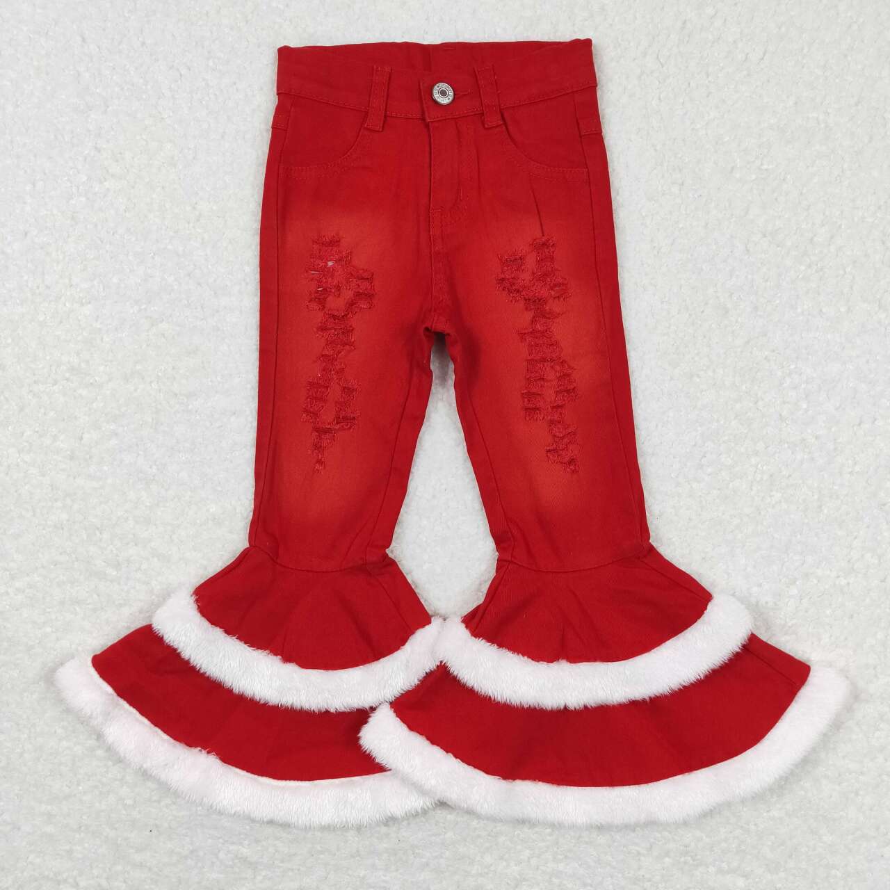 P0334 Christmas Red Print Double Ruffles Denim Jeans