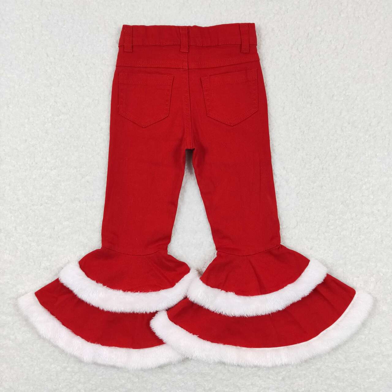 P0334 Christmas Red Print Double Ruffles Denim Jeans