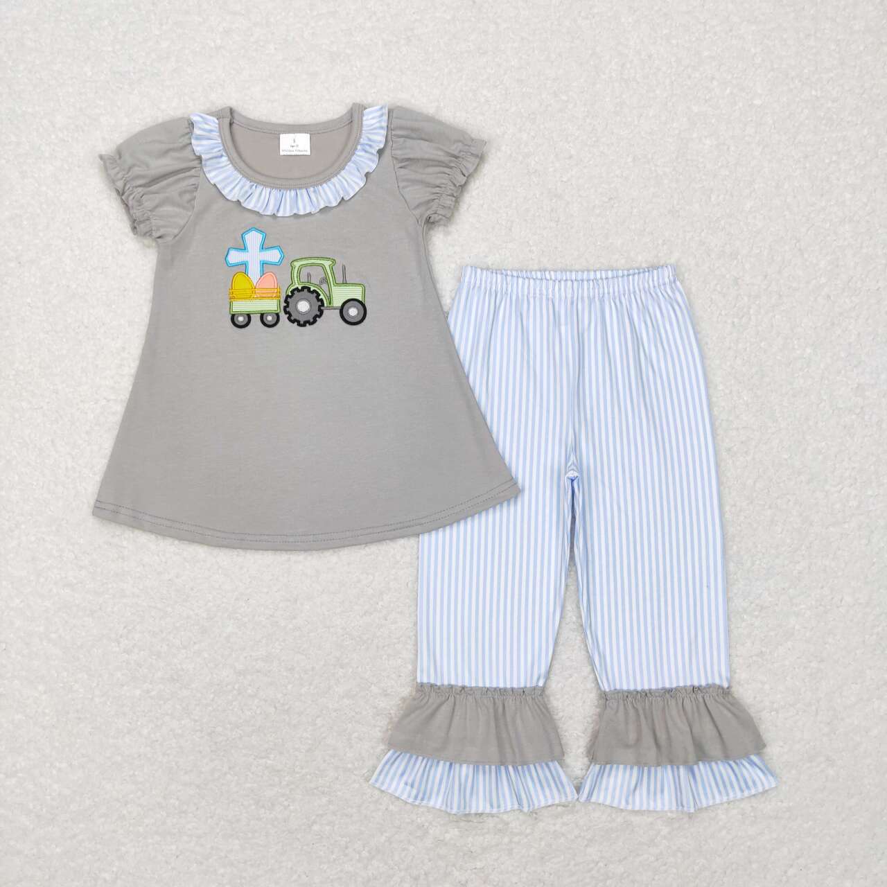 GSPO0973 Easter Grey Blue Carrot Embroidery Girls Short Sleeve Bell Bottom Pants Outfits