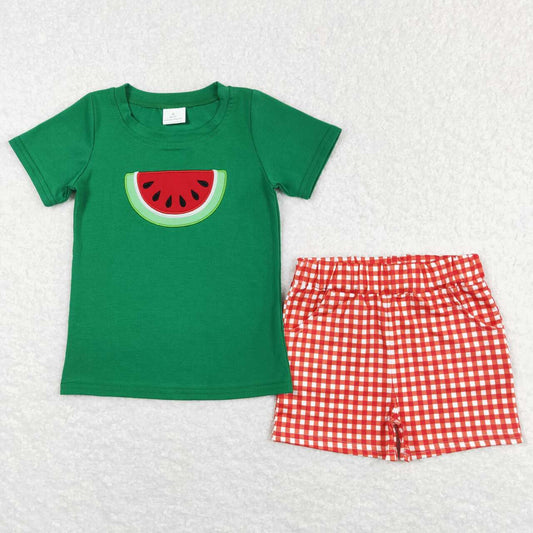 BSSO0345 Red Green Watermelon Embroidery Boys Short Sleeve Shorts Outfits
