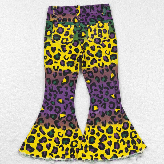 P0314 Purple Yellow Leopard Girls Bell Bottom Denim Jeans