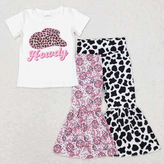 P0369 Cow print western pink Girls Short Sleeve Bell Bottom Pants Outfits