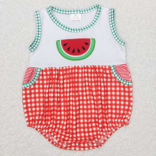 SR0592 Red Green Watermelon Embroidery Girls Short Sleeve Romper