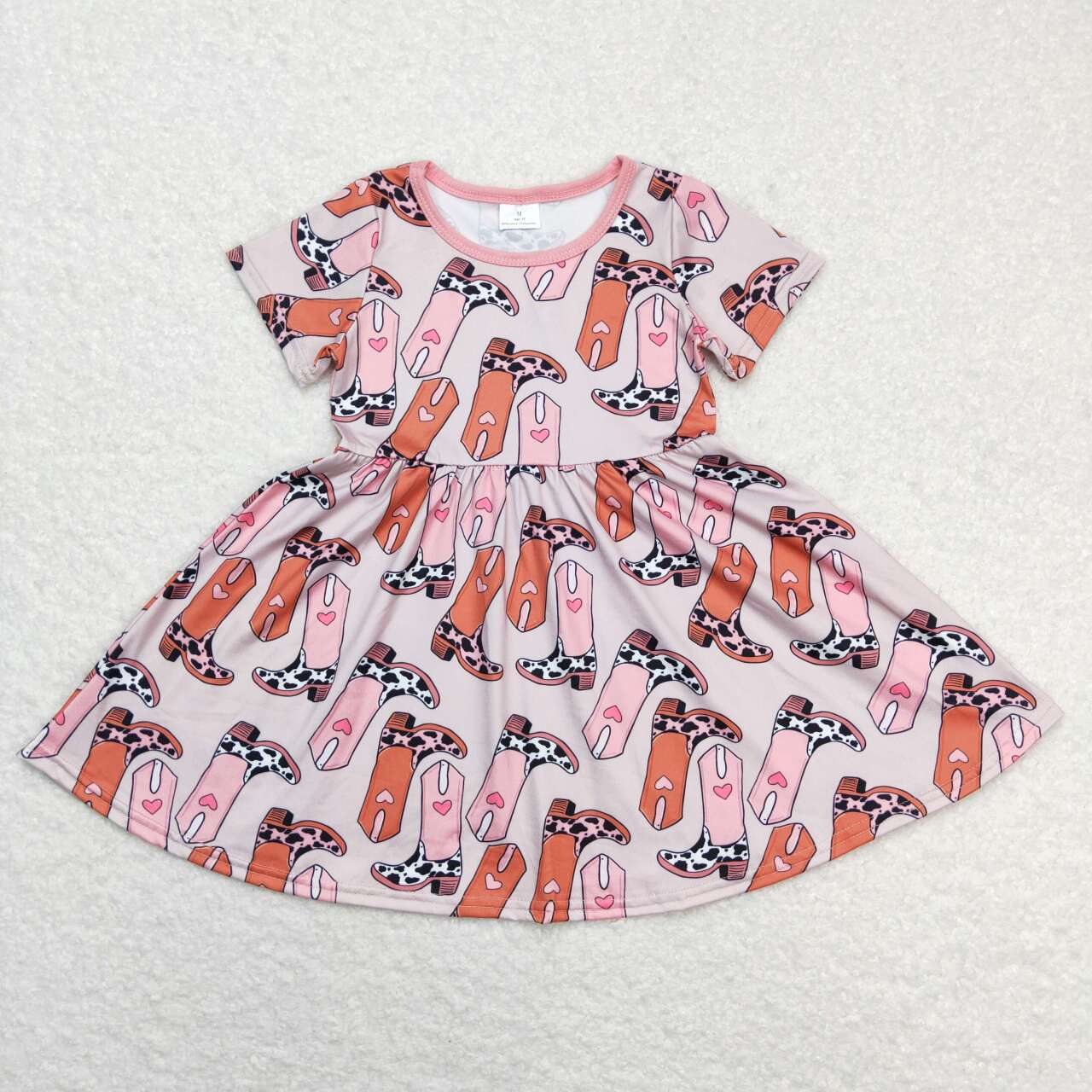 GSD0542 Love Valentine Pink Cowboy Boots Girls Short Sleeve Dresses