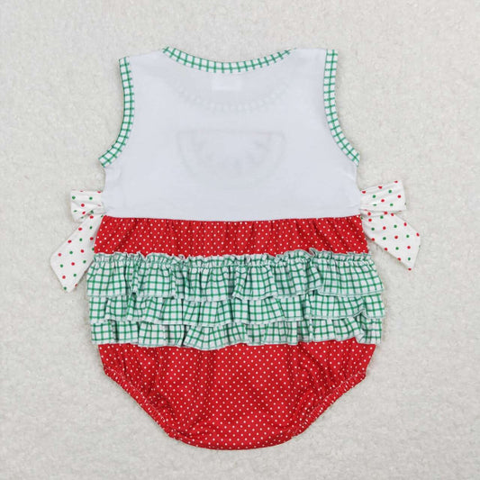 SR0593 Red Green Watermelon Embroidery Girls Short Sleeve Romper