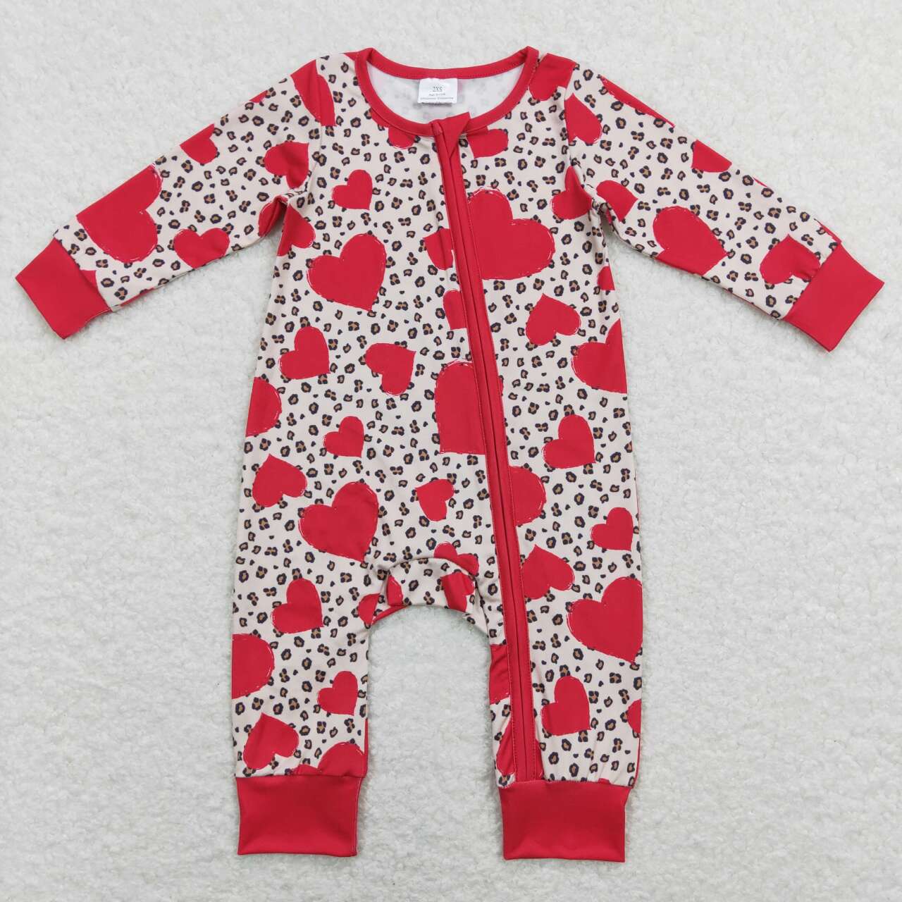 LR0775 Valentine Love Leopard Zipper Girls Long Sleeve Romper